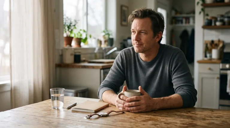 Man in his forties at a kitchen table: a calm morning routine for cortisol in men over 40