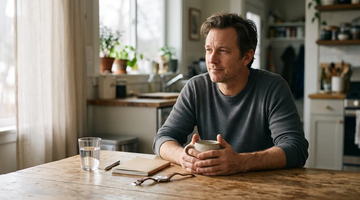 Man in his forties at a kitchen table: a calm morning routine for cortisol in men over 40