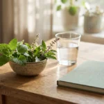 Calm morning desk with lemon balm and holy basil, a visual for cortisol supplement questions