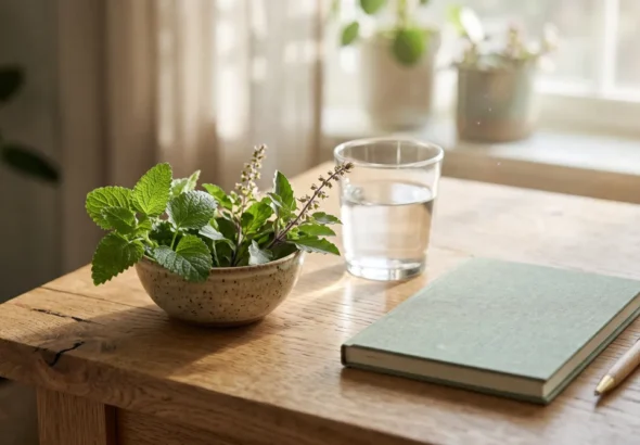 Calm morning desk with lemon balm and holy basil, a visual for cortisol supplement questions