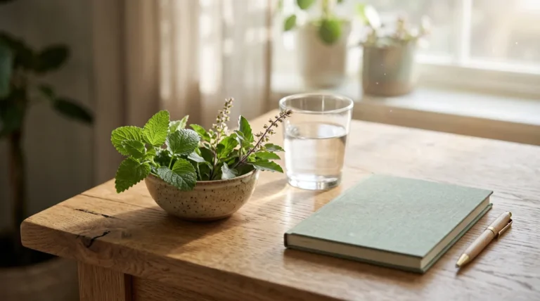Calm morning desk with lemon balm and holy basil, a visual for cortisol supplement questions