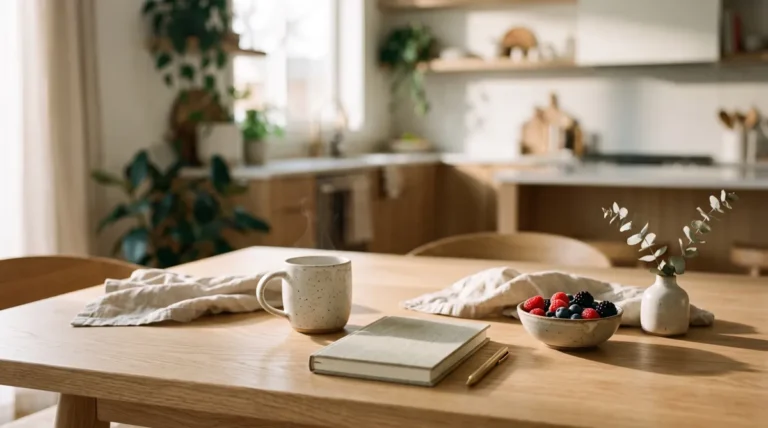 Calm morning kitchen table with herbal tea, a notebook and berries, a relaxed routine for women exploring cortisol supplements