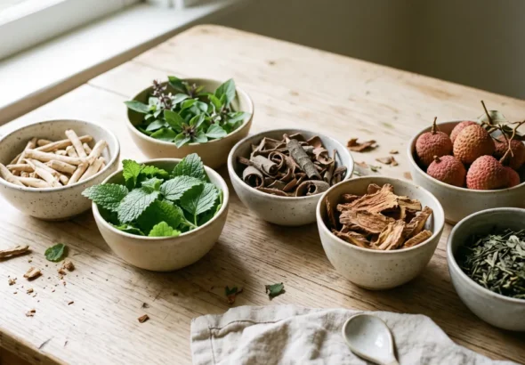 CortiSync ingredients shown as seven botanical ingredients in small bowls on a wooden table
