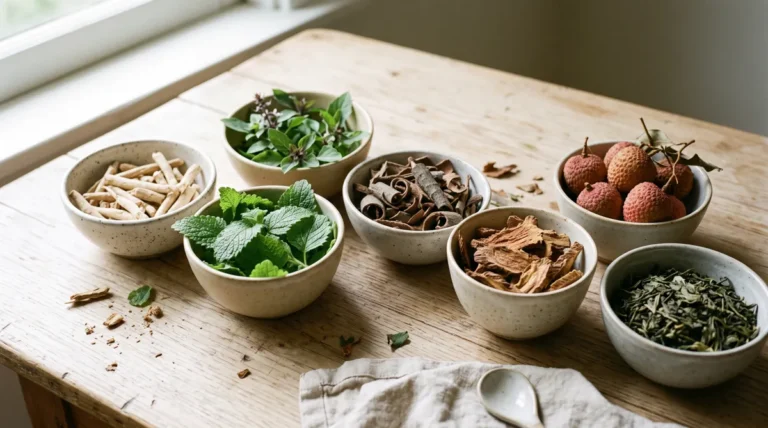 CortiSync ingredients shown as seven botanical ingredients in small bowls on a wooden table