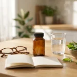 Kitchen table with a plain supplement bottle, water and herbs, illustrating CortiSync safety questions