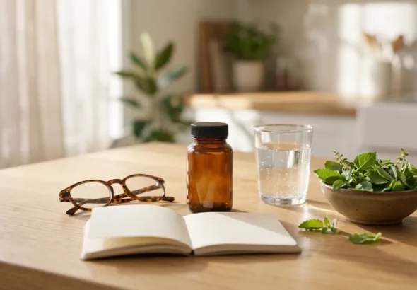 Kitchen table with a plain supplement bottle, water and herbs, illustrating CortiSync safety questions