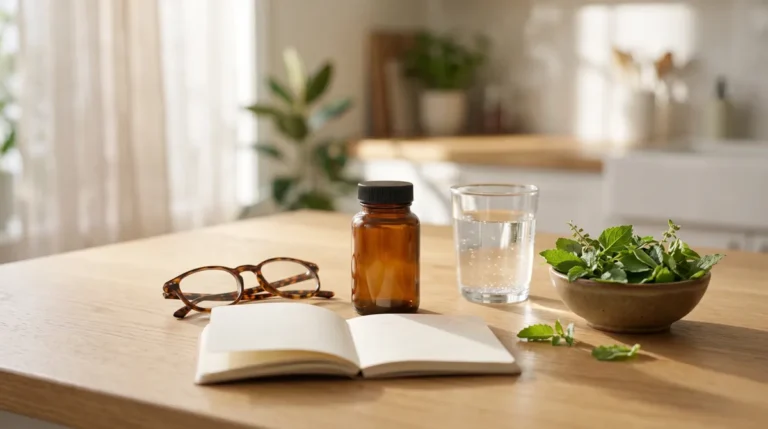 Kitchen table with a plain supplement bottle, water and herbs, illustrating CortiSync safety questions