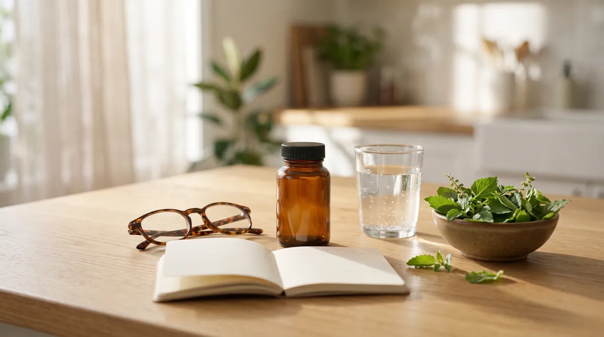 CortiSync safety questions: plain supplement bottle, water and herbs on a kitchen table