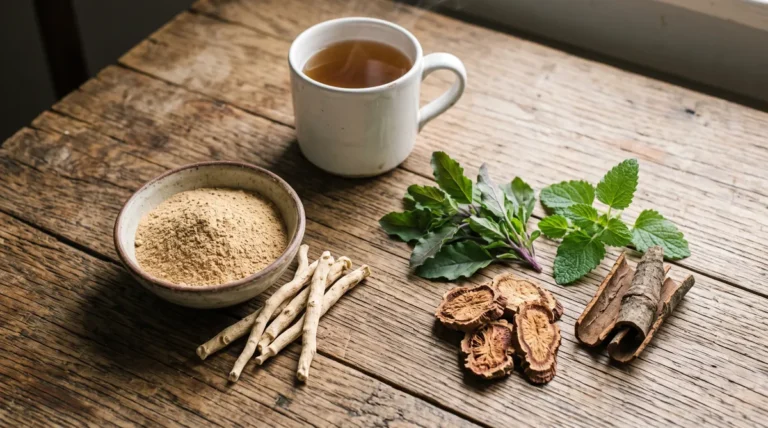 CortiSync vs ashwagandha: ashwagandha root powder beside holy basil, lemon balm, rhodiola and magnolia bark on a wooden table