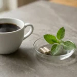 CortiSync with coffee: a cup of black coffee beside two capsules and fresh holy basil on a stone surface