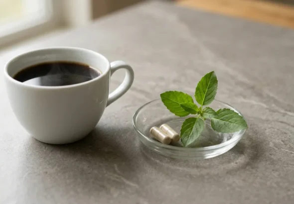 CortiSync with coffee: a cup of black coffee beside two capsules and fresh holy basil on a stone surface