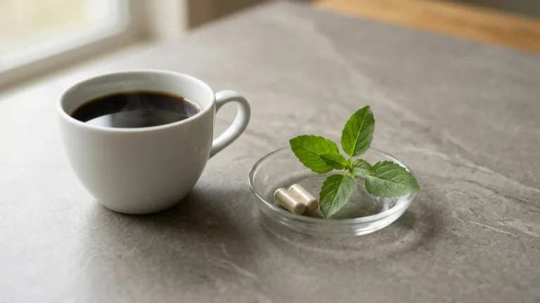 CortiSync with coffee: a cup of black coffee beside two capsules and fresh holy basil on a stone surface