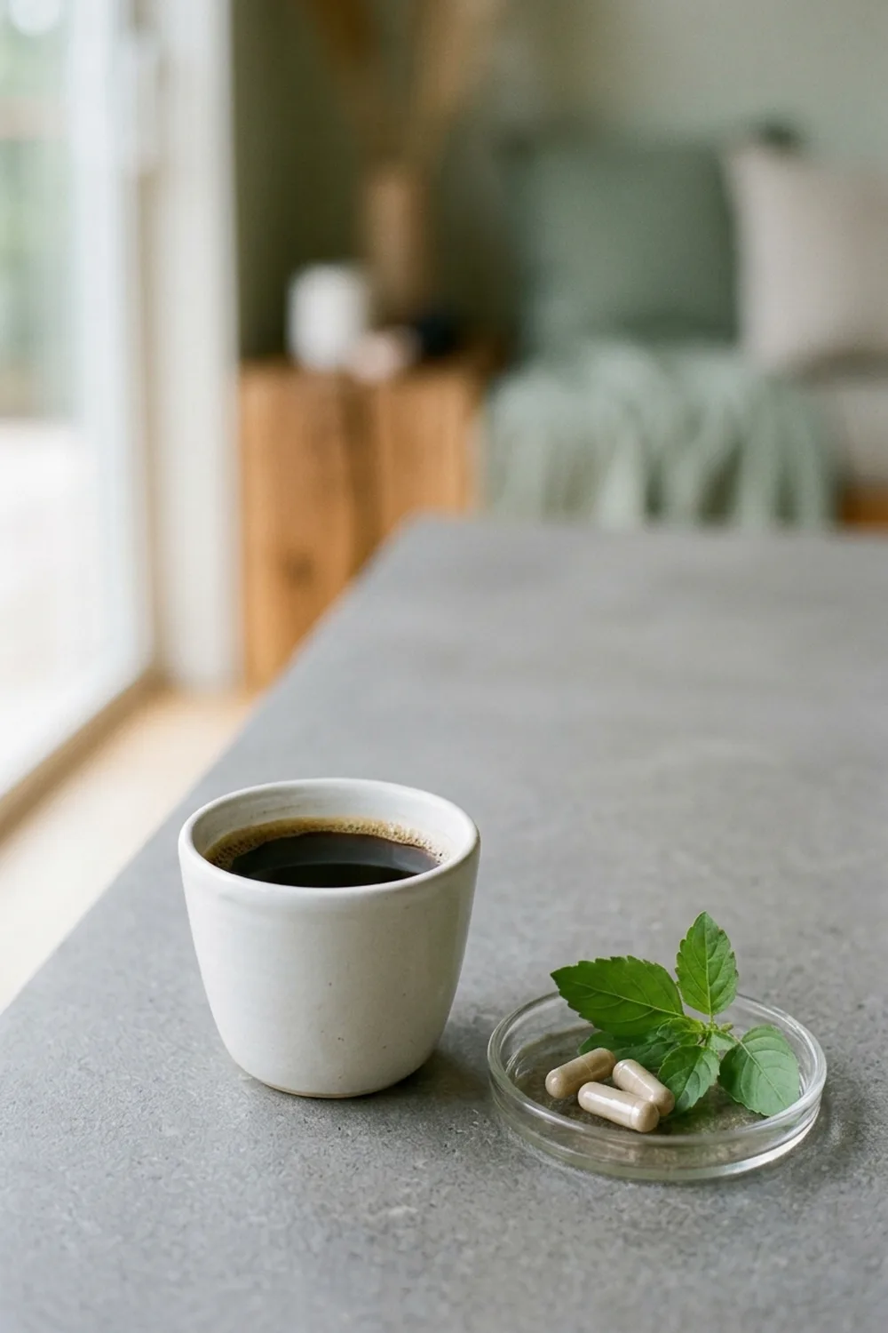 CortiSync with coffee: coffee cup, two capsules and holy basil leaves on a stone surface