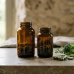DIM 3X bonus bottle: two amber supplement bottles, capsules and broccoli on a stone surface