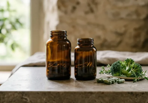 DIM 3X bonus bottle: two amber supplement bottles, capsules and broccoli on a stone surface