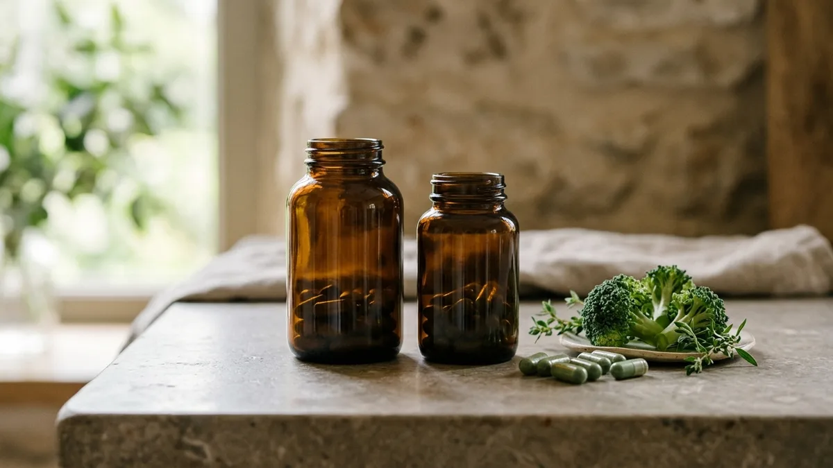 DIM 3X bonus bottle: two amber supplement bottles, capsules and broccoli on a stone surface