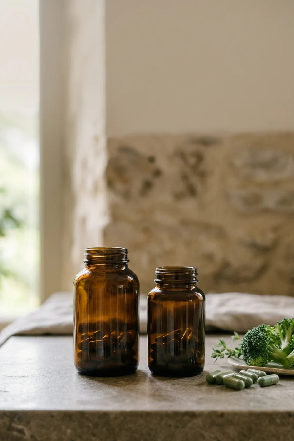 DIM 3X bonus bottle pin: two amber supplement bottles with capsules and broccoli on a stone surface