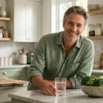 Man in a bright kitchen with a glass of water and broccoli, illustrating a DIM supplement for men and a balanced diet