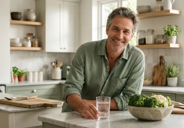 Man in a bright kitchen with a glass of water and broccoli, illustrating a DIM supplement for men and a balanced diet