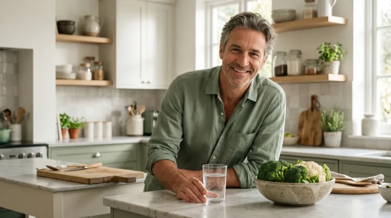 Man in a bright kitchen with a glass of water and broccoli, illustrating a DIM supplement for men and a balanced diet