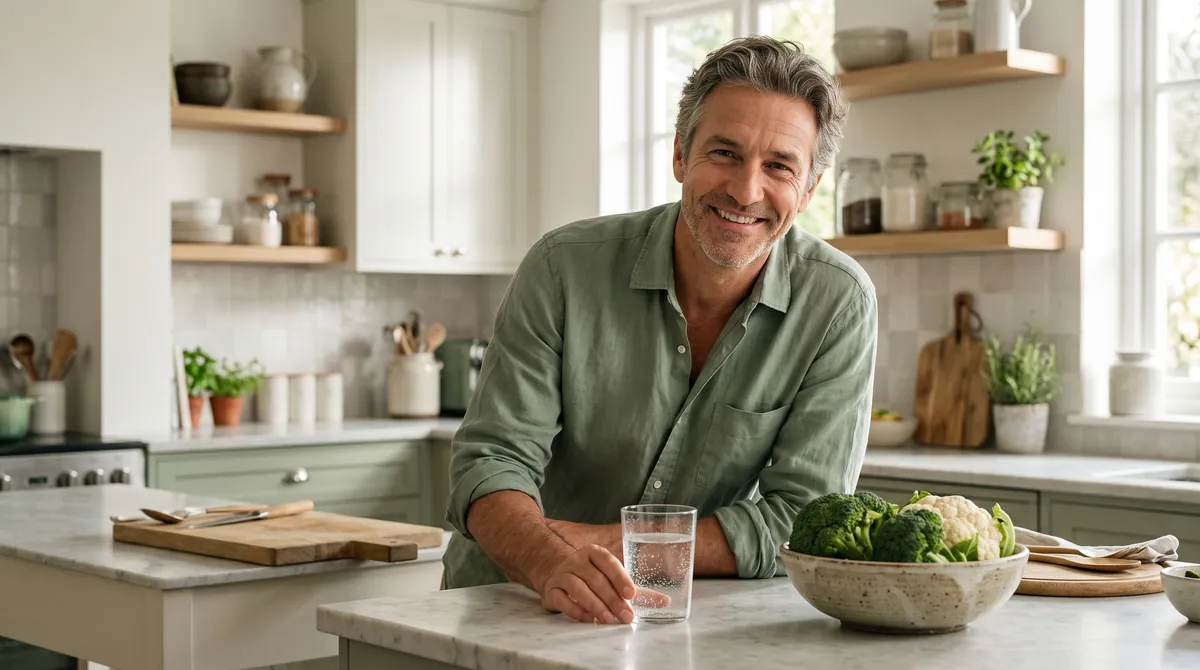 Man in a bright kitchen with a glass of water and broccoli, illustrating a DIM supplement for men and a balanced diet