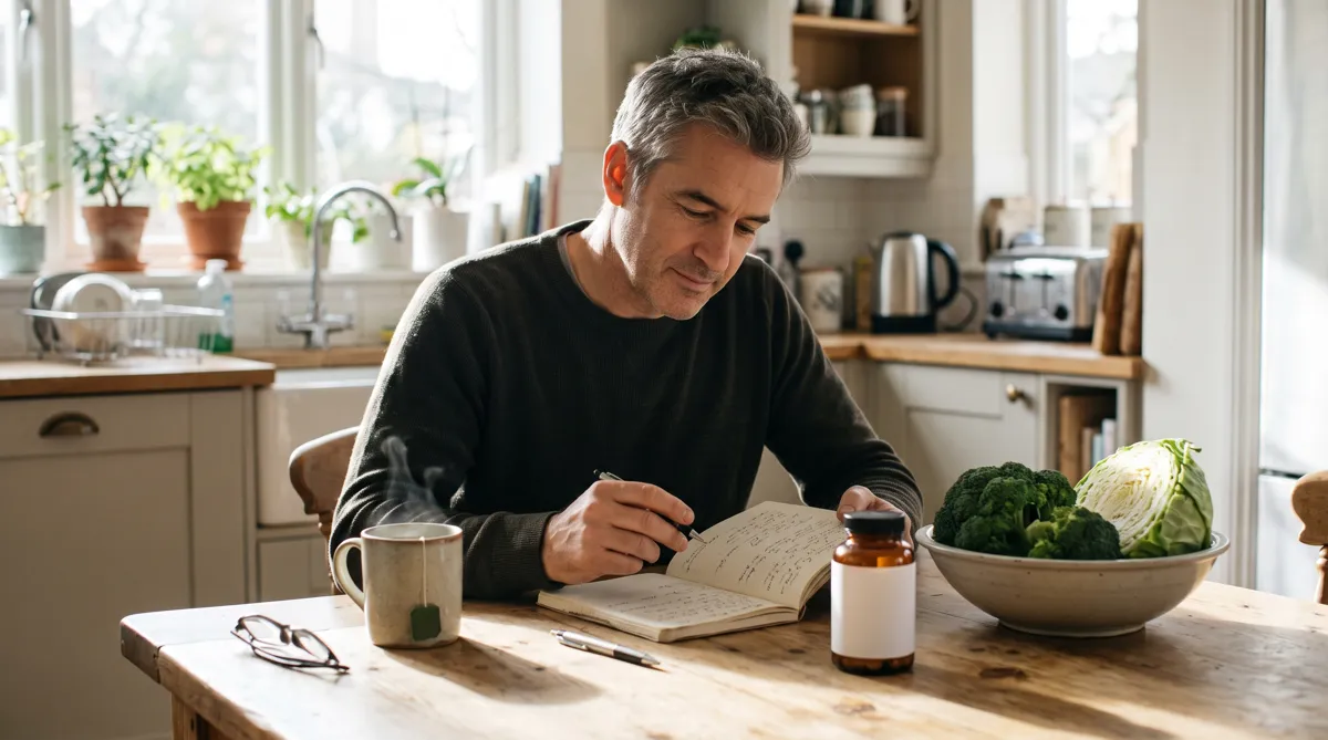 DIM3X questions answered: a man reads his notes at a kitchen table with broccoli, cabbage and tea