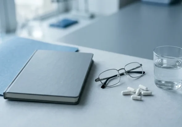 male fertility supplements reviewed with research notes capsules and water on a desk