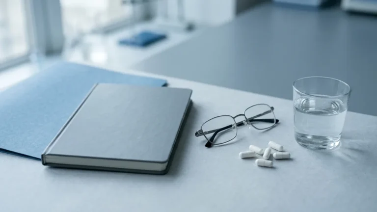 male fertility supplements reviewed with research notes capsules and water on a desk