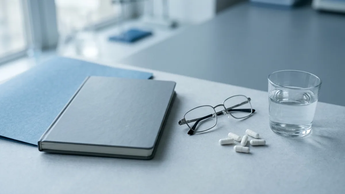 male fertility supplements reviewed with research notes capsules and water on a desk