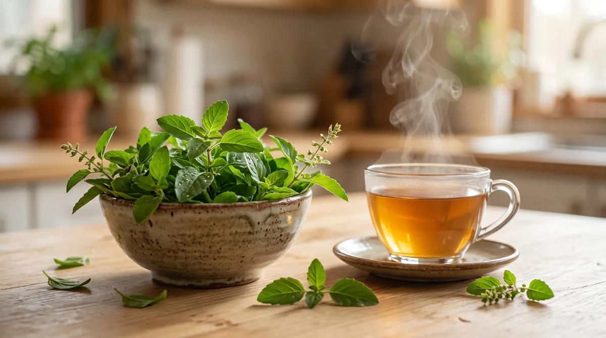 Holy basil cortisol research: fresh tulsi leaves in a ceramic bowl beside a cup of herbal tea