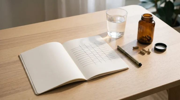 How to choose a cortisol supplement: a blank scoring notebook, pen, glass of water and unlabeled supplement bottle on a wooden desk