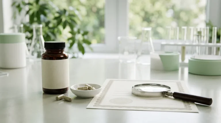 Is GenuinePurity NMN legit? Supplement bottle, capsules and a magnifying glass on a laboratory bench