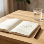 Is NMN the same as NAD? An open notebook with a hand-drawn molecule diagram, an amber supplement bottle and a glass of water on a wooden desk