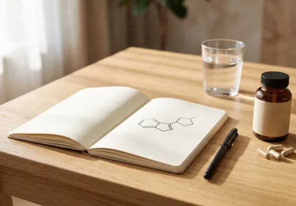 Is NMN the same as NAD? An open notebook with a hand-drawn molecule diagram, an amber supplement bottle and a glass of water on a wooden desk