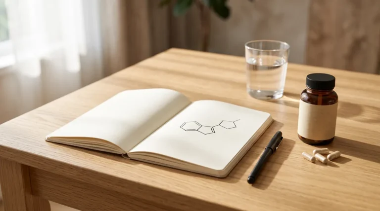 Is NMN the same as NAD? An open notebook with a hand-drawn molecule diagram, an amber supplement bottle and a glass of water on a wooden desk