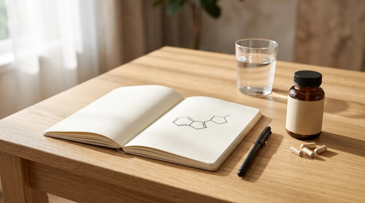 Is NMN the same as NAD? An open notebook with a hand-drawn molecule diagram, an amber supplement bottle and a glass of water on a wooden desk