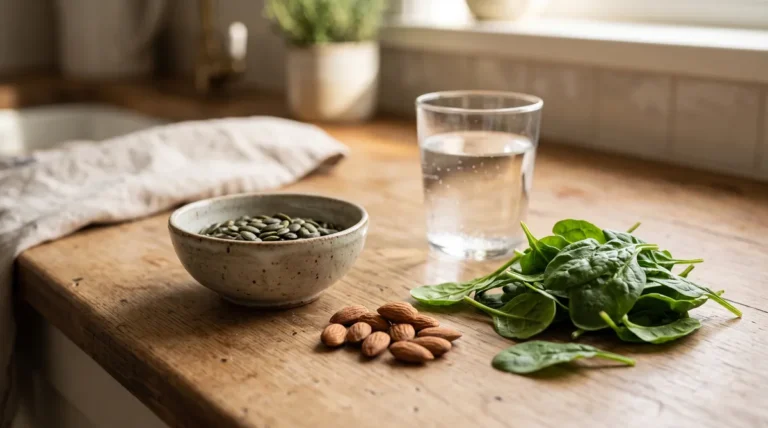 Magnesium and cortisol: pumpkin seeds, almonds, spinach and water on a kitchen counter
