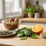 Male fertility vitamins and nutrient-rich foods such as walnuts, spinach and seeds on a kitchen counter