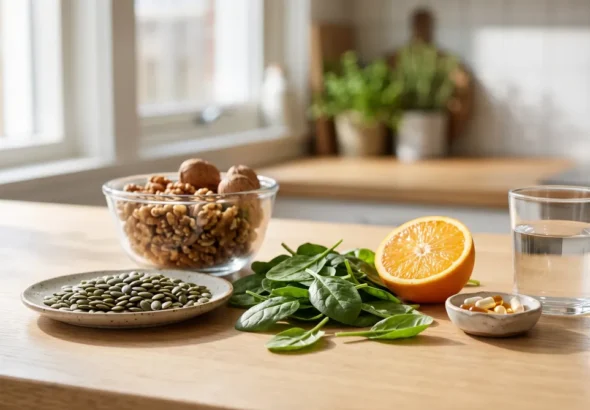 Male fertility vitamins and nutrient-rich foods such as walnuts, spinach and seeds on a kitchen counter