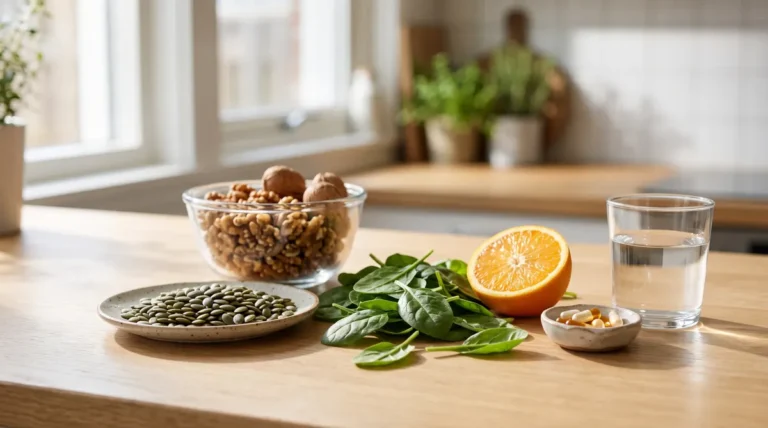 Male fertility vitamins and nutrient-rich foods such as walnuts, spinach and seeds on a kitchen counter