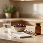 NMN questions answered on a calm kitchen counter with water, berries and a plain supplement bottle