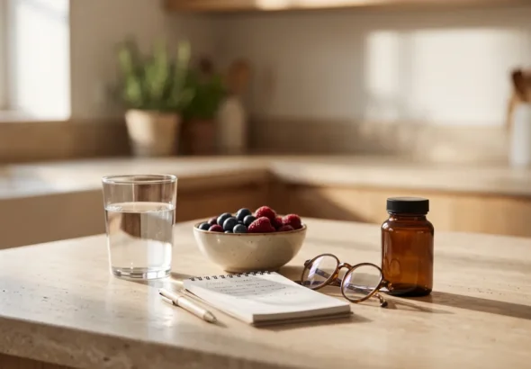 NMN questions answered on a calm kitchen counter with water, berries and a plain supplement bottle