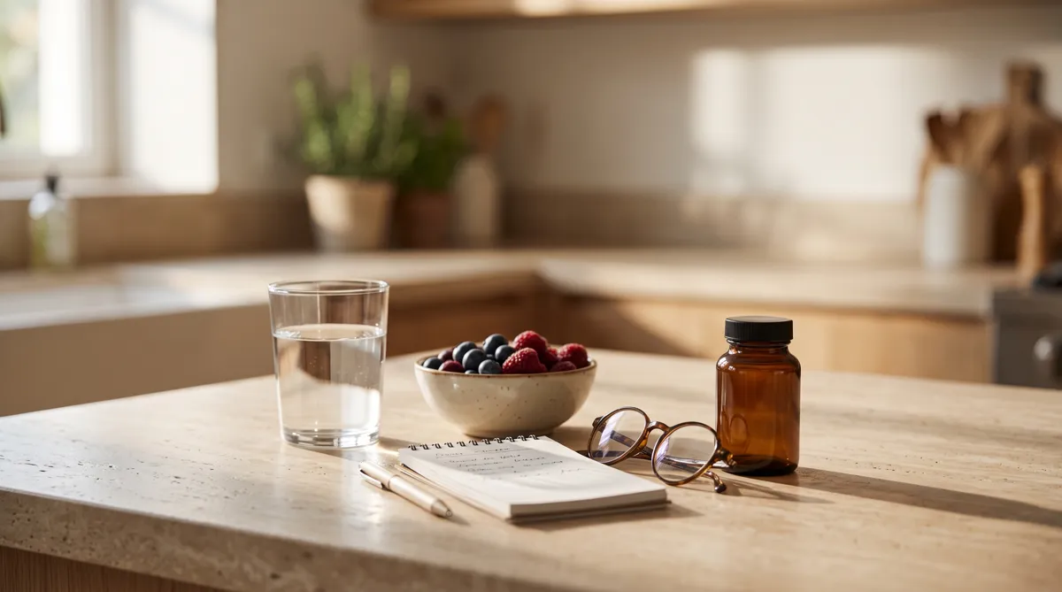 NMN questions answered on a calm kitchen counter with water, berries and a plain supplement bottle