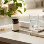 Pill organizer, supplement bottle and notebook on a kitchen counter, illustrating why people stop taking NMN