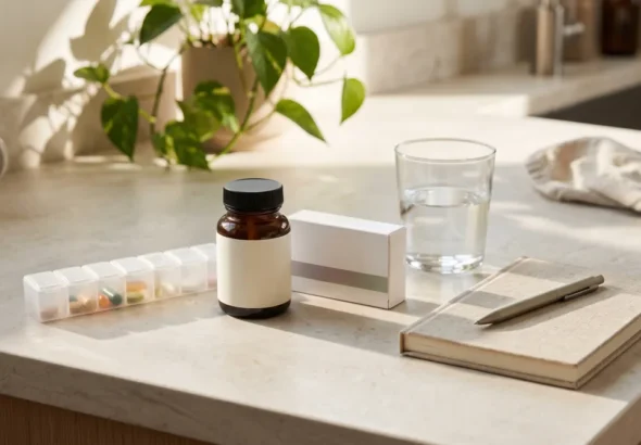 Pill organizer, supplement bottle and notebook on a kitchen counter, illustrating why people stop taking NMN
