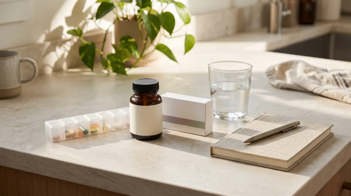 Pill organizer, supplement bottle and notebook on a kitchen counter, illustrating why people stop taking NMN