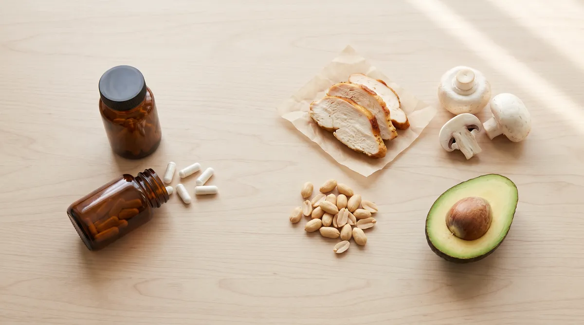 NMN vs niacinamide flat lay with unlabeled supplement bottles, capsules and vitamin B3 foods