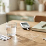 NMN with metformin: a plain tablet strip, an unlabeled supplement bottle and a glucose meter on a kitchen table