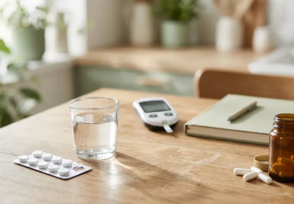 NMN with metformin: a plain tablet strip, an unlabeled supplement bottle and a glucose meter on a kitchen table