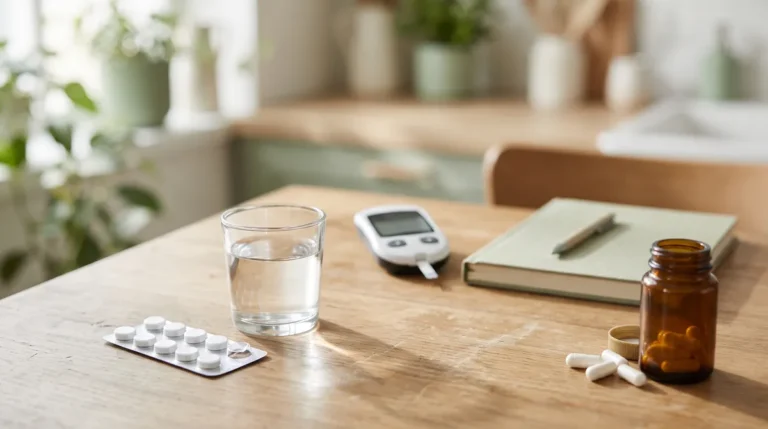 NMN with metformin: a plain tablet strip, an unlabeled supplement bottle and a glucose meter on a kitchen table